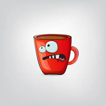 Vector cartoon coffee cup character with smiling face isolated on grey Stock Illustration