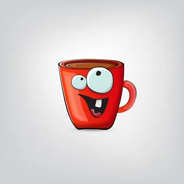 Vector cartoon coffee cup character with smiling face isolated on grey Stock Illustration