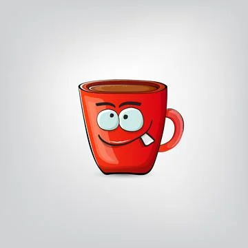 Vector cartoon coffee cup character with smiling face isolated on grey Stock Illustration
