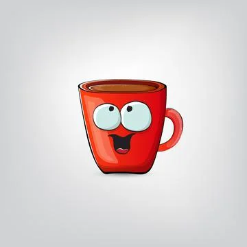 Vector cartoon coffee cup character with smiling face isolated on grey Stock Illustration