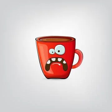 Vector cartoon coffee cup character with smiling face isolated on grey Stock Illustration