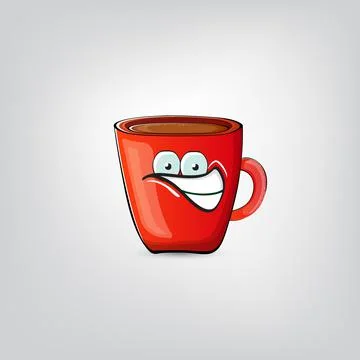 Vector cartoon coffee cup character with smiling face isolated on grey Stock Illustration