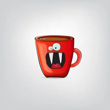 Vector cartoon coffee cup character with smiling face isolated on grey Stock Illustration