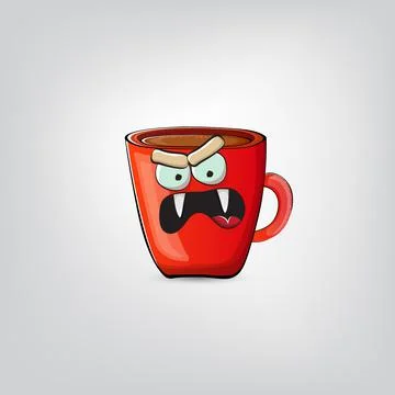 Vector cartoon coffee cup character with smiling face isolated on grey Stock Illustration