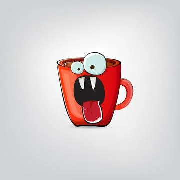 Vector cartoon coffee cup character with smiling face isolated on grey Stock Illustration