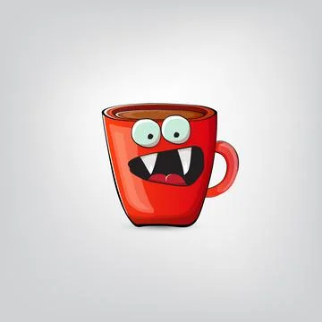 Vector cartoon coffee cup character with smiling face isolated on grey Stock Illustration
