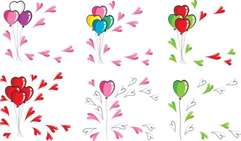 Vector cartoon colourful heart shape balloons card border frame background set Illustrazione stock