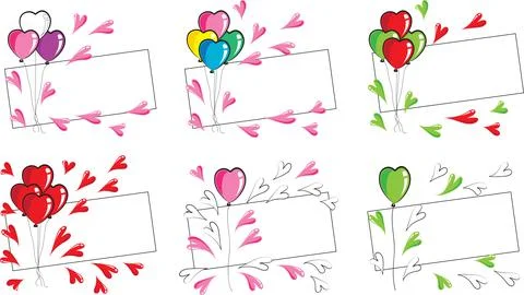 Vector cartoon colourful heart shape balloons card border frame background set Stock Illustration