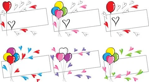 Vector cartoon colourful heart shape balloons card border frame background set Stock Illustration