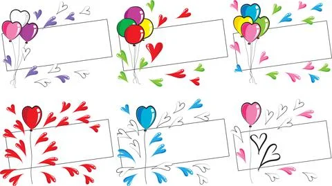 Vector cartoon colourful heart shape balloons card border frame background set Stock Illustration
