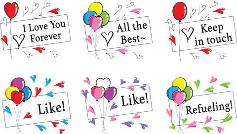 Vector cartoon colourful heart shape balloons greeting cards sticker set Stock Illustration