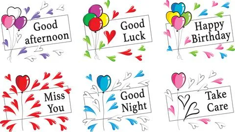 Vector cartoon colourful heart shape balloons greeting cards sticker set Stock Illustration
