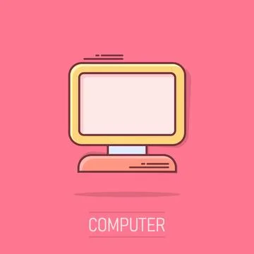 Vector cartoon computer icon in comic style. Monitor sign illustration pict.. Stock Illustration