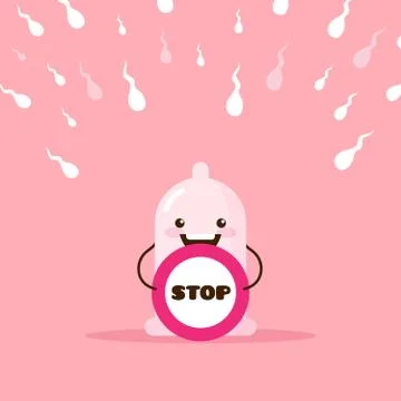 Vector cartoon condom illustration with stop sign and sperms. Stock Illustration