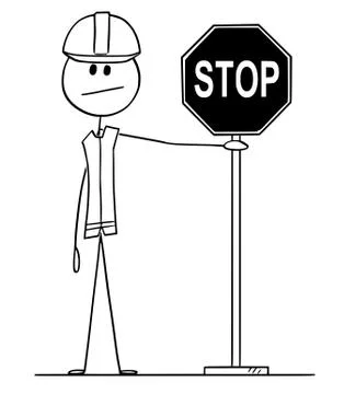 Vector Cartoon of Construction Worker Holding Stop Road Sign Stock Illustration