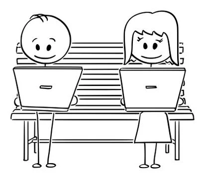 Vector Cartoon of Couple of Man and Woman Sitting on Park Bench and Watching 库存插图