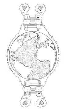Vector Cartoon of Couples of Men and Women Sitting on Bench, Using Computers to イラスト素材