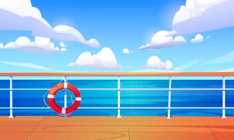 Vector cartoon with cruise ship deck and sea Stock Illustration
