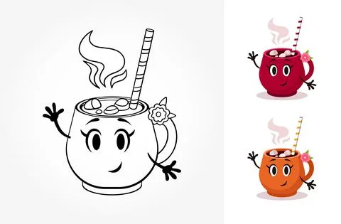Vector cartoon cup coloring book. Contour illustration witn hot drink and Stock-Illustration
