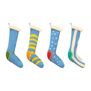 Vector cartoon cute blue and ugly christmas socks with color ornament isolated Stock Illustration