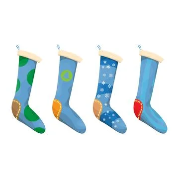 Vector cartoon cute blue and ugly christmas socks with color ornament isolated Stock Illustration