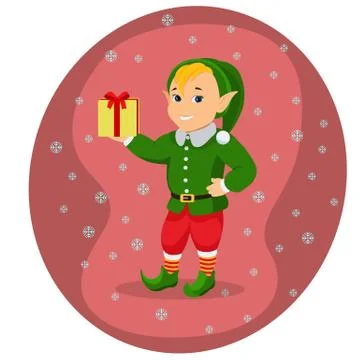 Vector cartoon cute christmas elf with gift box Stock Illustration