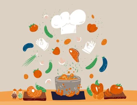 Vector cartoon cute concept of Professional Cooking for small restaurants and Stock Illustration