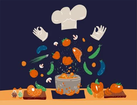 Vector cartoon cute concept of Professional Cooking for small restaurants and Stock Illustration