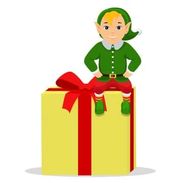 Vector cartoon cute elf sitting on a box with gift Stock Illustration