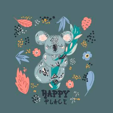 Vector cartoon cute hand drawn koala face. Nursery art, australian souvenir.  Stock Illustration