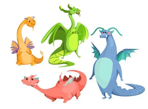Vector cartoon cute magic colorful dragons set Stock Illustration