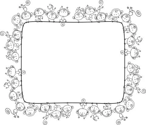 Vector cartoon cute monkey square border frame background Stock Illustration