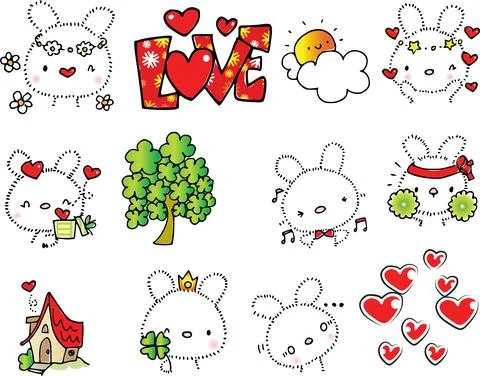 Vector cartoon cute white rabbit emoji sticker set Happy Valentine's Day Card Stock Illustration