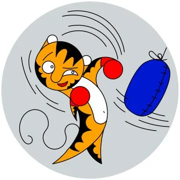 Vector cartoon cute young tiger beats a bag of martial arts Stock Illustration