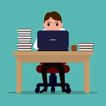 Vector cartoon diligent office worker at the table Stock Illustration