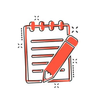 Vector cartoon document with pencil icon in comic style. Note with pen sign i Stock Illustration