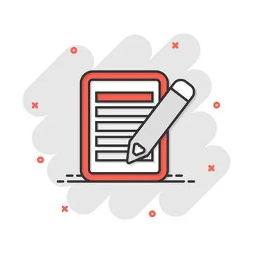 Vector cartoon document with pencil icon in comic style. Note with pen sign i Stock Illustration