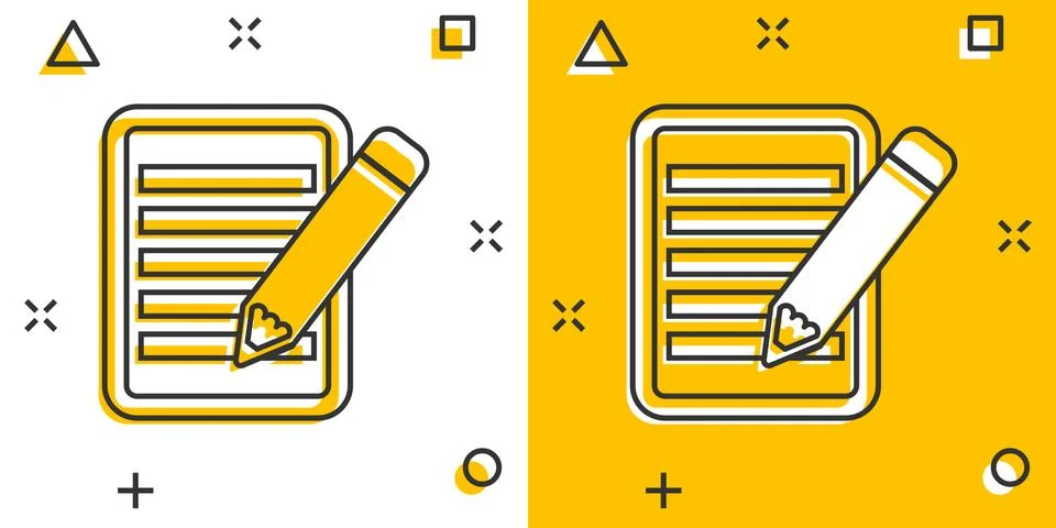Vector cartoon document with pencil icon in comic style. Note with pen sign i Stock Illustration