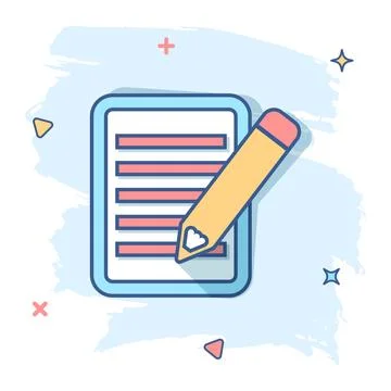 Vector cartoon document with pencil icon in comic style. Note with pen sign i 스톡 일러스트