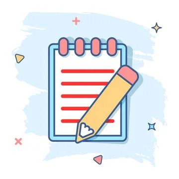 Vector cartoon document with pencil icon in comic style. Note with pen sign i 스톡 일러스트