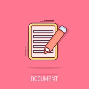 Vector cartoon document with pencil icon in comic style. Note with pen sign.. イラスト素材