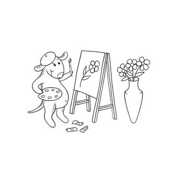 Vector cartoon dog painter. Character puppy draws from nature drawing picture on Stock Illustration