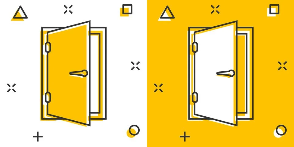 Vector cartoon door icon in comic style. Exit sign illustration pictogram. Op Stock Illustration