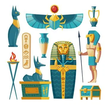 Vector cartoon Egyptian set - pharaoh sarcophagus, gods. Stock-Illustration