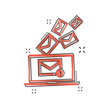 Vector cartoon email envelope message on laptop icon in comic style. Mail sig Stock-Illustration