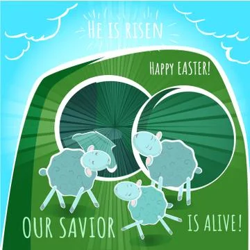 Vector cartoon Empty coffin and sheeps - greeting card - Happy easter Stock Illustration