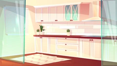 Vector cartoon empty kitchen in pink colors Stock Illustration
