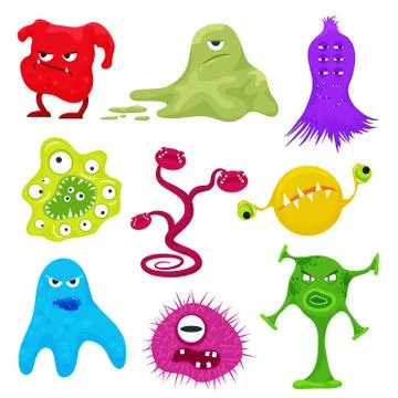 Vector cartoon evil bacteria germs. Angry agressive cute virus set. Stock Illustration
