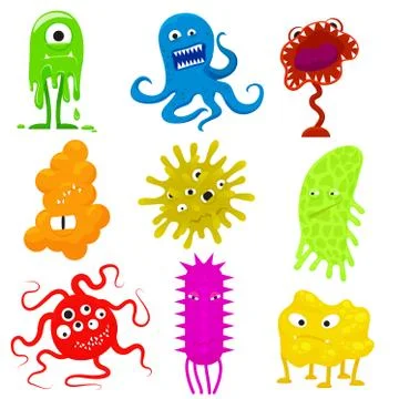 Vector cartoon evil bacteria germs. Angry agressive cute virus set. Stock Illustration