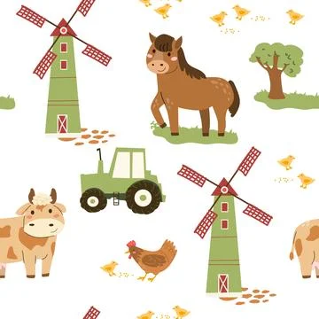 Vector cartoon farm pattern with cute cow and horse. Windmill with tractor .. Stock Illustration